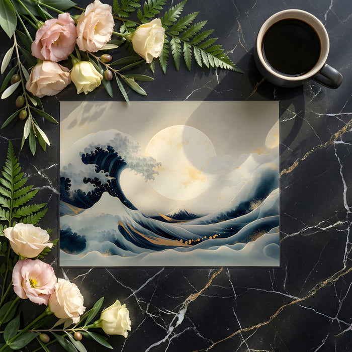 A sophisticated home office space featuring the Japanese ocean wave mural as a calm accent wall.