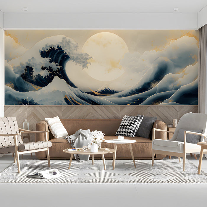 A cozy living room designed with the Great Wave Lunar wallpaper for a serene atmosphere.