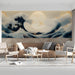 A cozy living room designed with the Great Wave Lunar wallpaper for a serene atmosphere.