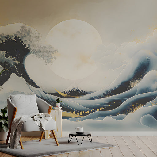 The wave mural installed behind a minimalist bed in a tranquil entryway setting.