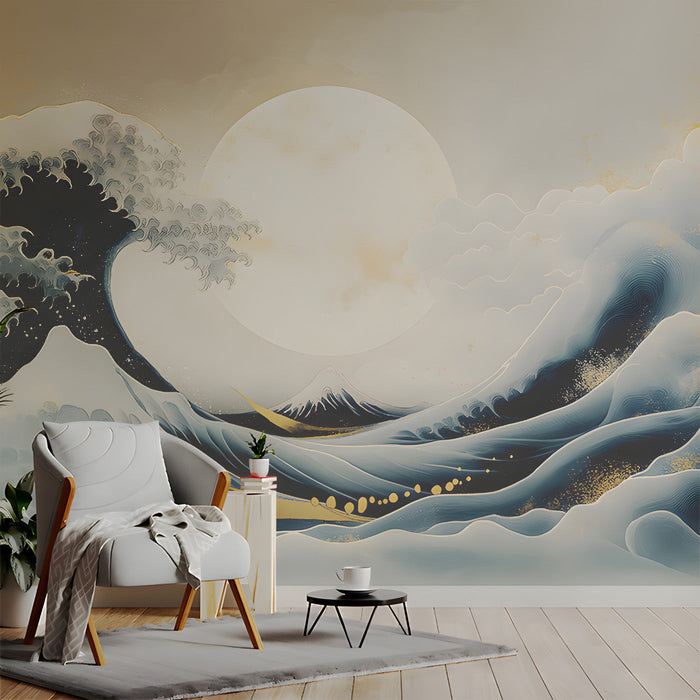 The wave mural installed behind a minimalist bed in a tranquil entryway setting.