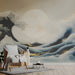 The wave mural installed behind a minimalist bed in a tranquil entryway setting.