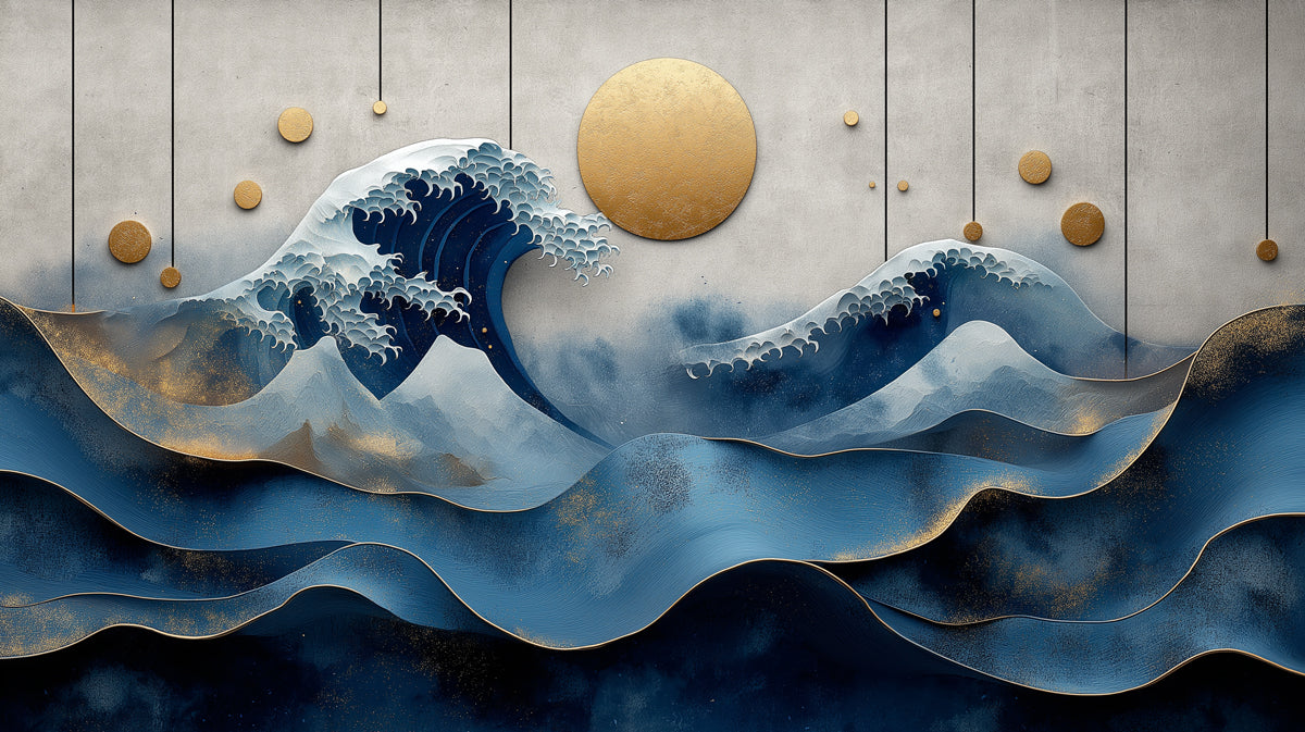 Japanese wave pattern mural with deep indigo blues, white foam, and gold circular accents on a concrete gray background