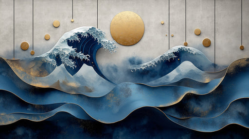 Japanese wave pattern mural with deep indigo blues, white foam, and gold circular accents on a concrete gray background