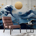 Elegant  study with a calm wave and sun mural on the primary accent wall