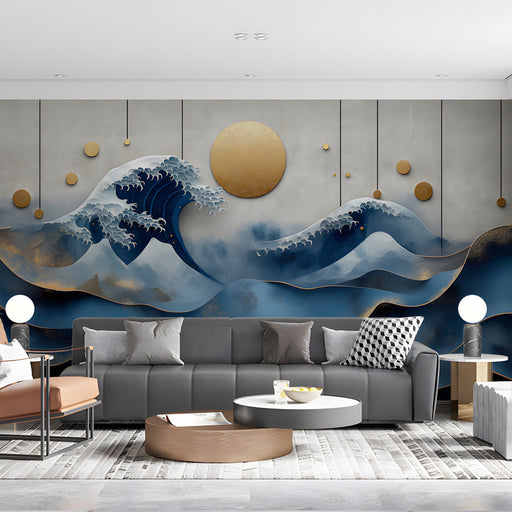 Modern living room featuring a Japanese wave wall mural behind a neutral sofa