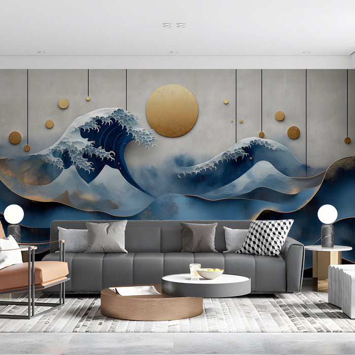 Modern living room featuring a Japanese wave wall mural behind a neutral sofa