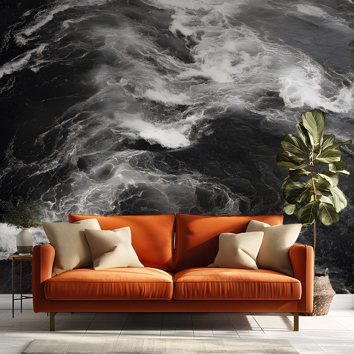 Sophisticated entryway interior with monochromatic rushing water wallpaper