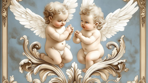 Baroque wallpaper pattern featuring two cherubs with wings above ornate golden acanthus leaves on a light blue background