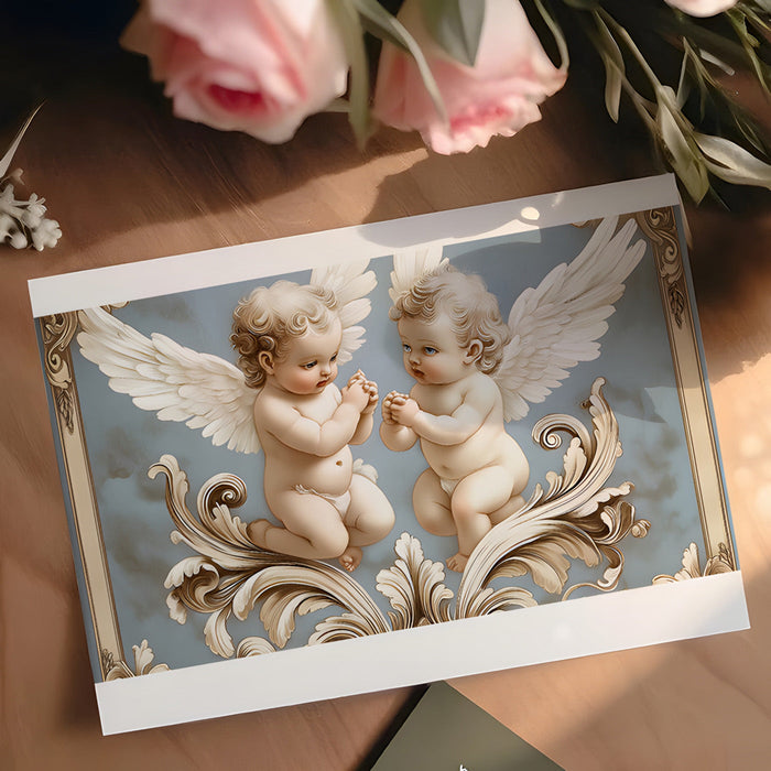 Sophisticated dressing room wall covered in the cherub mural with vintage mirrors and gold accents