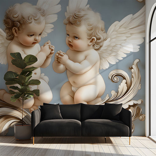 Classical style entryway interior featuring the cherub pattern as a refined accent wall