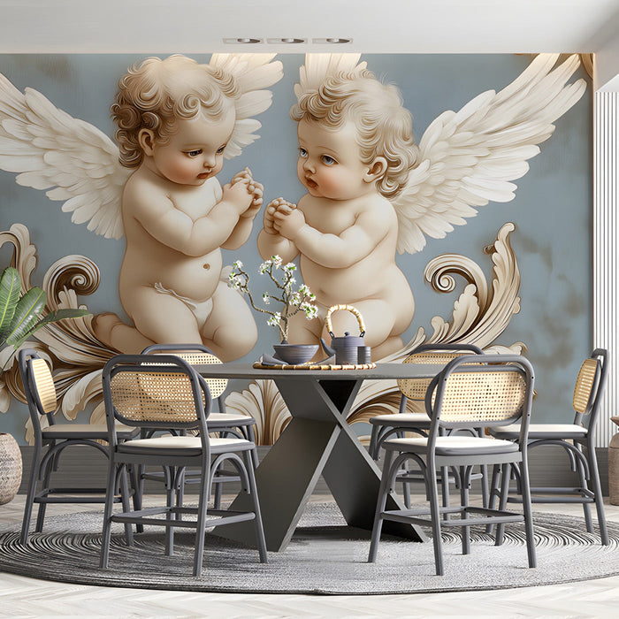 Close up of an elegant meeting room wall featuring the baroque cherub mural and soft cream furniture
