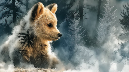 Oil painting style mural of a fluffy honey-colored bear cub in a frosty, dark blue and gray winter forest