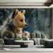 Modern home library or reading nook decorated with an artistic bear cub wildlife forest wallpaper