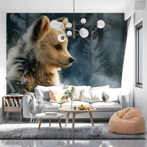 Cozy living room with a bear cub mural on the main wall, styled with white furniture and soft linens