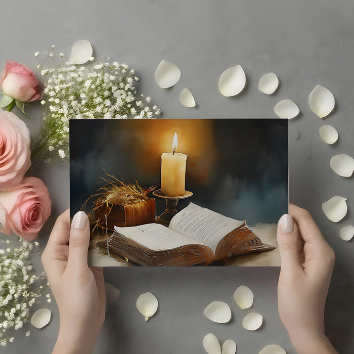 A tranquil bedroom space with a candle and book themed mural above the headboard.