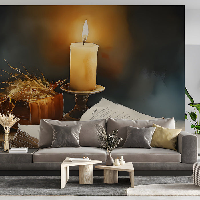 A home office design featuring a moody, artistic still life wall mural.