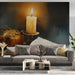 A home office design featuring a moody, artistic still life wall mural.