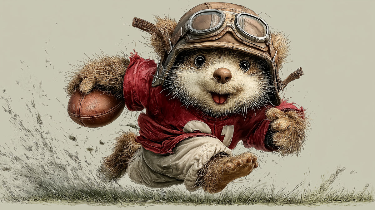 Whimsical illustration of a fluffy bear cub wearing aviator goggles and a red football jersey, running with a ball.