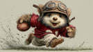 Whimsical illustration of a fluffy bear cub wearing aviator goggles and a red football jersey, running with a ball.