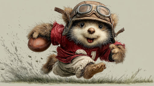 Whimsical illustration of a fluffy bear cub wearing aviator goggles and a red football jersey, running with a ball.