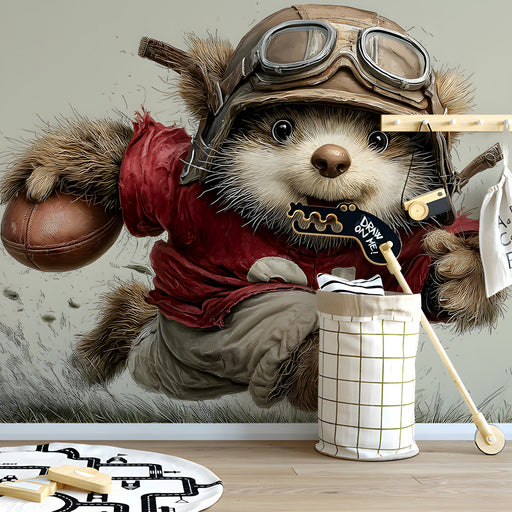 A creative nursery space featuring the adventurous bear design, complemented by soft wooden toys.