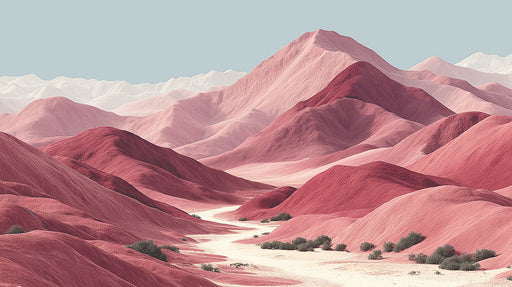 A desert landscape mural with rose and raspberry mountain peaks and a pale sandy path.