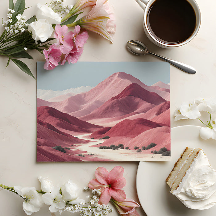 Modern living room design with an expansive pink mountain mural creating a serene focal point.