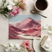 Modern living room design with an expansive pink mountain mural creating a serene focal point.