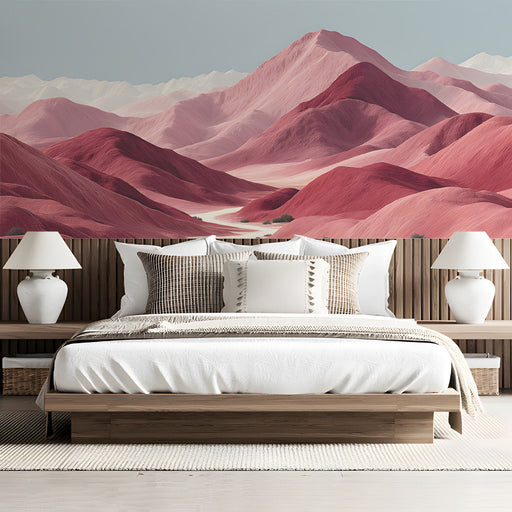 A tranquil study room with a desert-themed wall mural, styled with natural wood furniture.