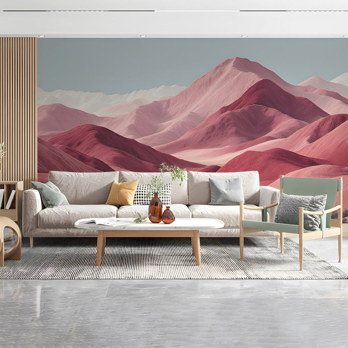 A cozy bedroom featuring a desert mountain mural as a soft, artistic feature wall behind the bed.