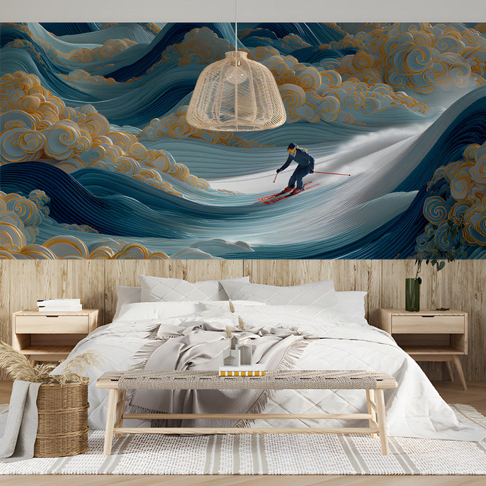 A fitness gym interior showcasing a large-scale wave and skier mural to motivate and energize the workout space.