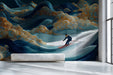 Modern hallway featuring a stylized mountain wave mural with gold cloud accents behind a sleek sofa.