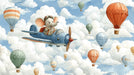 Watercolor mural of an elephant flying a blue airplane through clouds surrounded by colorful hot air balloons