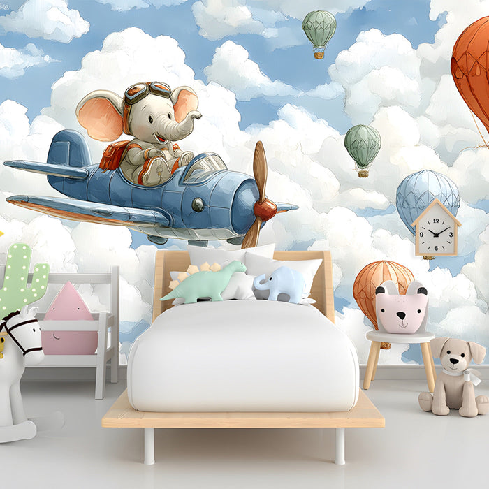 Bedroom interior with adventurous elephant pilot wallpaper in a soft watercolor style