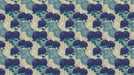 Repeating pattern of dark blue chrysanthemum flowers with teal leaves and flowing blue line-art waves on a sand background
