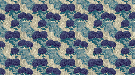 Repeating pattern of dark blue chrysanthemum flowers with teal leaves and flowing blue line-art waves on a sand background