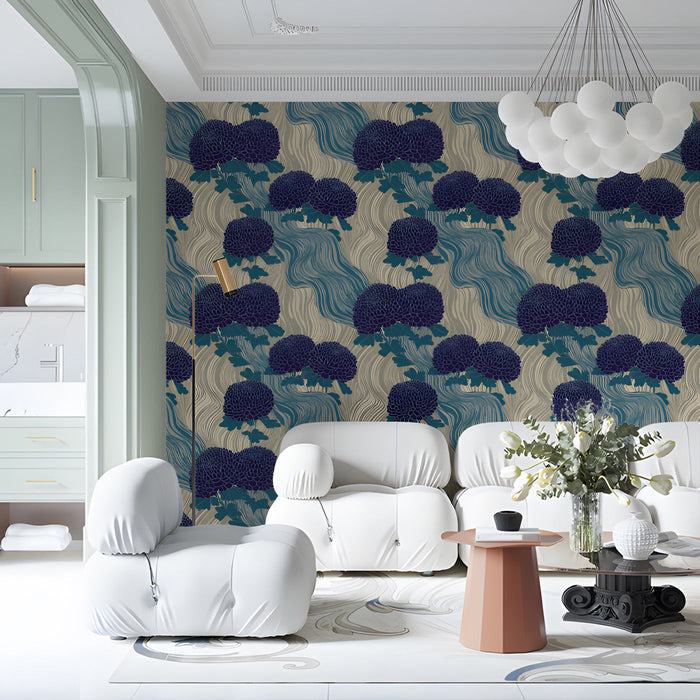 Dining room interior with blue and sand chrysanthemum mural wallpaper creating a calm backdrop