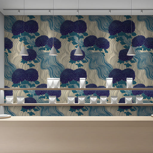 Modern bedroom featuring blue chrysanthemum floral wallpaper behind a wooden headboard
