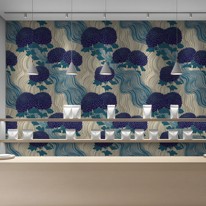 Modern bedroom featuring blue chrysanthemum floral wallpaper behind a wooden headboard