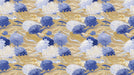 Chrysanthemum floral pattern with blue and white blooms and gold swirling wave lines