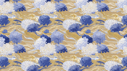 Chrysanthemum floral pattern with blue and white blooms and gold swirling wave lines