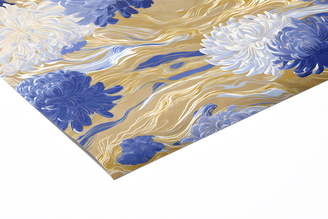 Blue and gold wave floral mural in a serene master bedroom