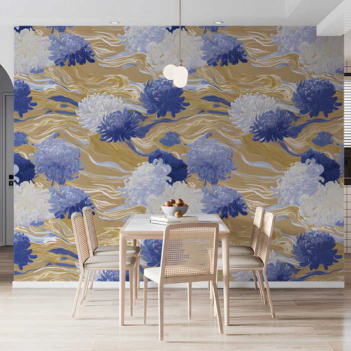 Art Nouveau inspired chrysanthemum wallpaper in a dining room