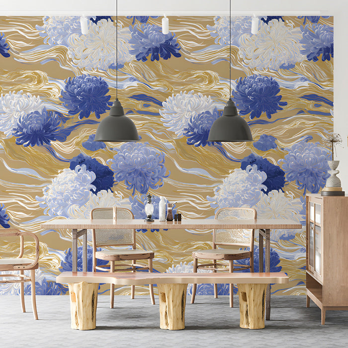 Floral wallpaper in a sophisticated living room with walnut furniture
