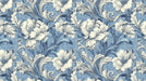 Baroque-style floral wallpaper featuring intricate navy ink-style peonies and acanthus leaves on a cornflower blue background.