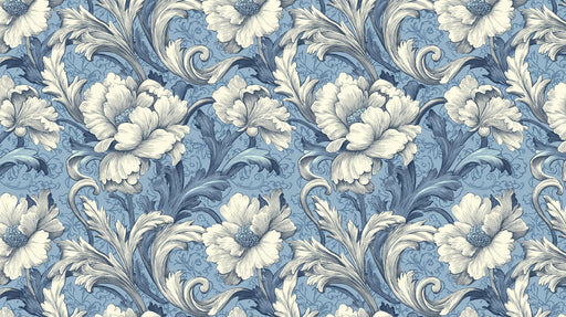 Baroque-style floral wallpaper featuring intricate navy ink-style peonies and acanthus leaves on a cornflower blue background.