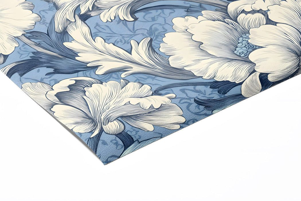 Traditional patterned peony wallpaper in a light-filled living room with white moldings.