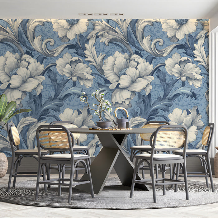 Elegant Baroque-inspired floral wall mural in a luxury bedroom featuring soft cream bedding.