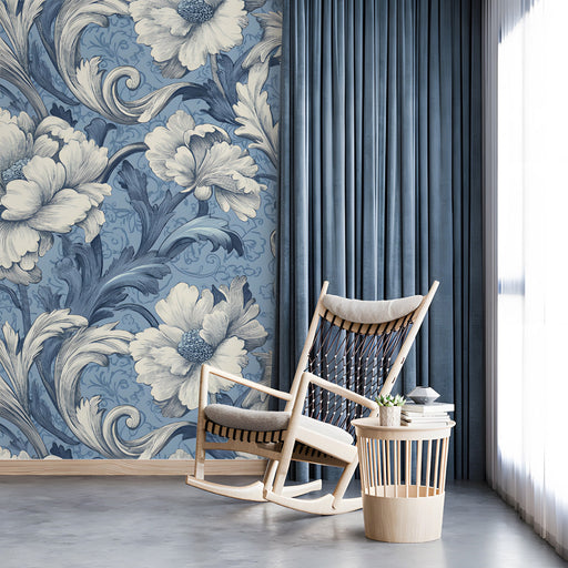 Classic floral mural wallpaper installed in a sophisticated home office with dark wood furniture.